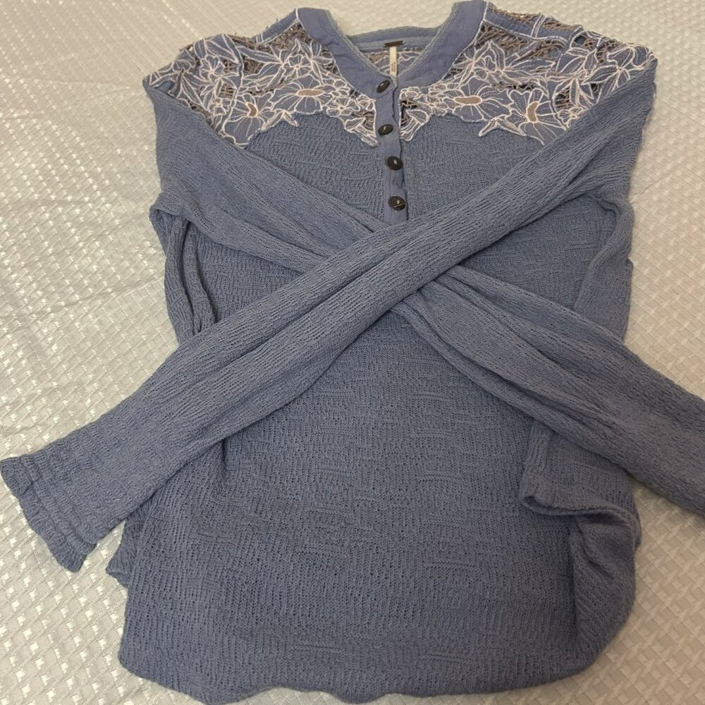 Free People Easy Breezy Just Dusk Appliqué Lace Henley Shirt - Picture 4 of 5